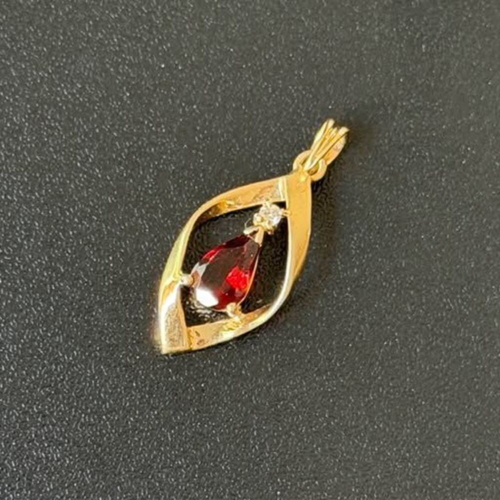 14K Solid Gold Garnet & Diamond Pendant | Pear-Cut Natural Garnet